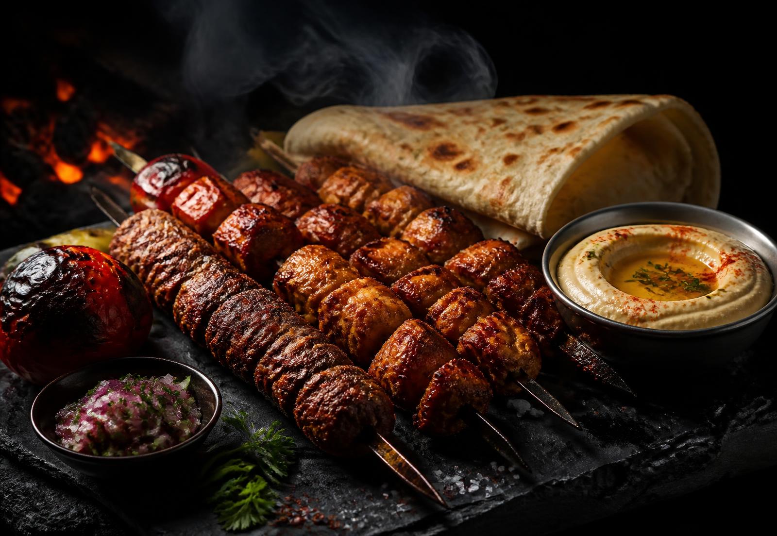 Grillspyd, flatbrød og hummus på svart skiferfat